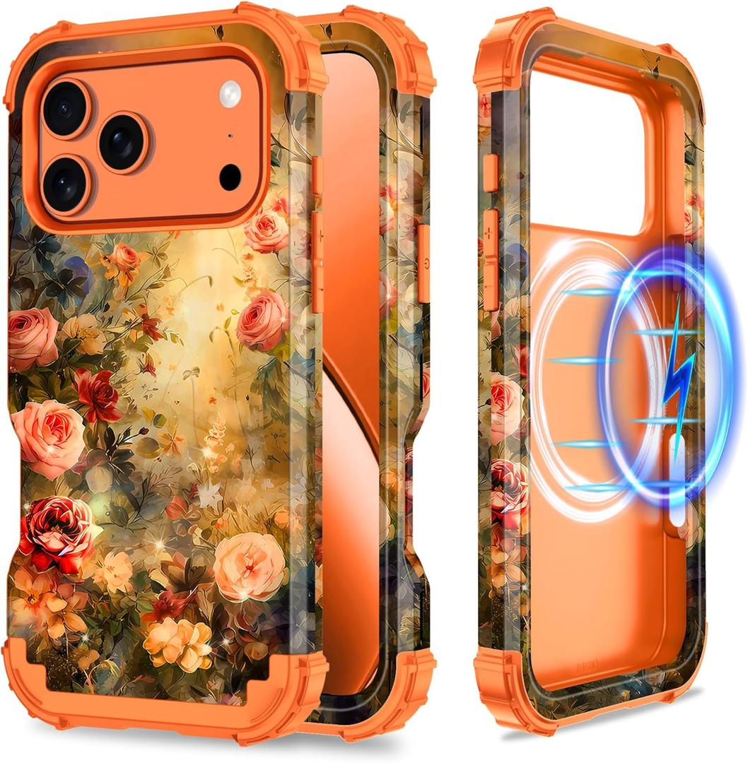 Hekodonk for iPhone 17 Pro Max Case Magnetic,[Compatible with MagSafe] Floral Three Layer Heavy Duty Drop Shockproof Full Protective Women Girls Case for Apple iPhone 17 Pro Max 6.9 inch,Orange
