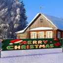 Merry Christmas Banner 118x20 Inches Green Backdrop Gingerbread Lettering Santa Hat Red Gloves Christmas Ornaments Holiday Wall Hanging Indoor Outdoor Winter Party Decoration