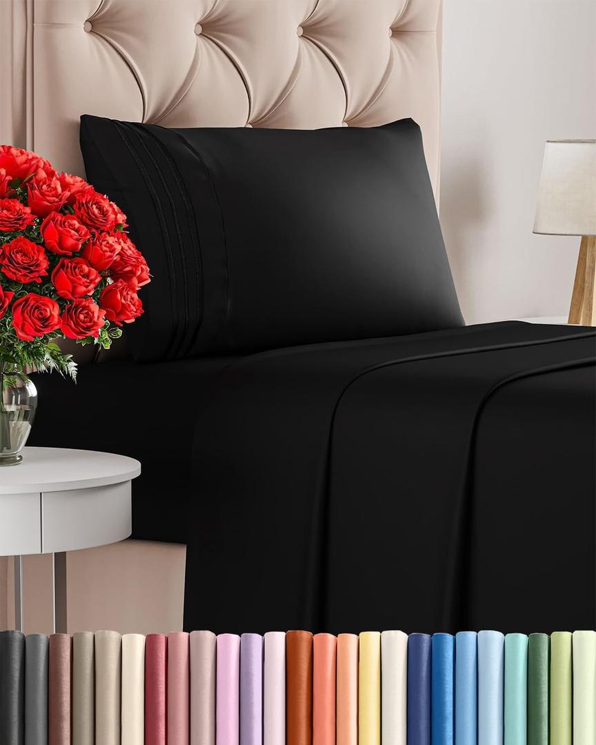 Twin Size 3 Piece Sheet Set - Comfy Breathable & Cooling Bed Sheets Set - Hotel Luxury Bedding for Women, Men, Kids, Teens, Boys & Girls - Deep Pockets, Ultra-Soft and Wrinkle Free - Oeko-Tex - Black
