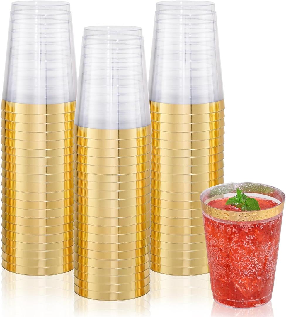 DaYammi 200 Pack Gold Plastic Cups 10 Oz Clear Cup Gold Rimmed Disposable Wine Glasses Fancy Disposable Party Cups Tumblers Drinking Cup Plastic Cocktail Glasses gold disposable cups for Party Wedding