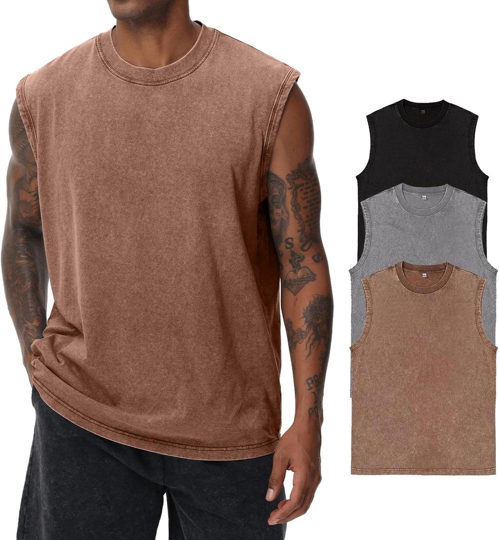 Mens Cotton Sleeveless Tank Tops Cut Off Muscle Gym T Shirts Running Beach Loose Fit Tees (X-Large, Coffee/Grey/Black)