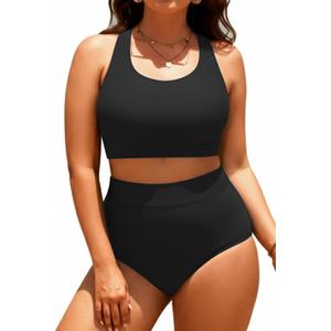 Aqua Eve Plus Size Two Piece High Waisted Bikini Swimsuits Scoop Neck Bikini Set Sporty Bathing Suits (Black, XL)