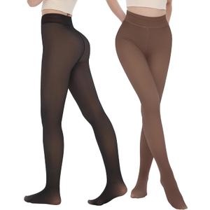 iceROSE 2 Pairs Fleece Lined Thermal Tights for Women Sheer Black Pantyhose Warm Winter Thick Fake Translucent Leggings L/XL