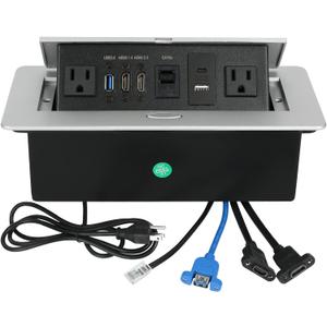 Table Pop Up Outlet, Desktop Pop Up Socket Center Countertop Socket Multimedia Strip Socket Connection Box Countertop with USB 3.0/2AC/2HDMI/USB-A/USB-C/LAN for Conference Desk Office(Silver-3)