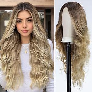 EMMOR Long Ombre Blonde Wavy Wig for Women Lace Front Wigs Natural Looking 26 Inch Middle Part Curly Wig Heat Resistant Synthetic Wigs for Daily Party Use