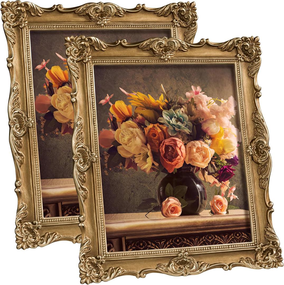 eletecpro 8x10 Vintage Picture Frame Set of 2 with Real Glass Cover, Ornate Antique Photo Frame, Display 8x10 Picture for Tabletop or Wall Hanging, Gold Home Decor for Gallery Art