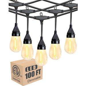 Lightdot 100FT Outdoor String Lights, LED Bistro String Lights with Shatterproof S14 Bulbs, 2200K Dimmable, Waterproof Hanging Lights for Porch, Party, Garden, Backyard, Balcony - ETL Listed
