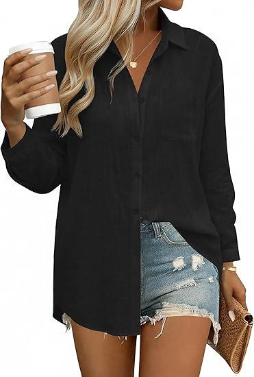 Womens Button Down Shirts Linen Cotton Long Sleeve Blouses Casual Collared Loose Fit Gauze Tops with Pocket, 3XL