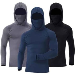 3 x 3 Pack Men's UPF 50+ Sun Protection Hoodies, Long Sleeve Moisture Wicking Shirts with Face Mask for Fishing (XXL)