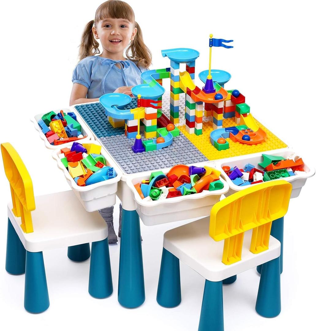 Kids Activity Table Toddlers Kids Table and Chair Set with 152Pcs Large Marble Run Building Blocks All in One Kids Play Water Tables Sand Tables, STEM Toys for Boys Girls 3 4 5 6 Year Old (Multicolor)