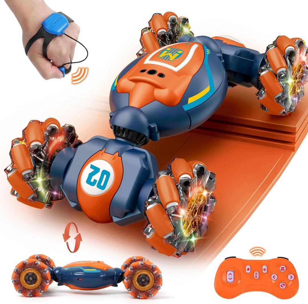Gesture Sensing RC Stunt Car - Boys Girls Toys Age 6-8-12, 4WD Hand Controlled Remote Control Twist Car with Light & Music,Cool Birthday presents and Ideas Gifts for Kids Age 6 7 8 9 10 11 12 YearsOld (Blue Orange)