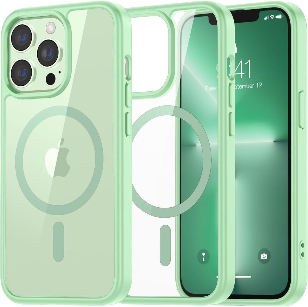 SUPFINE Magnetic for iPhone 13 Pro Max case, [Compatible with MagSafe][Clear Hard Back with Soft TPU Bumper][12FT Military Grade Drop Protection] Shockproof Phone Case,Clear Ice Green