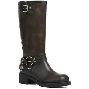 AMINUGAL Knee High Boots Women Square Toe Pull On Wide Calf Riding Fashion Buckles Chunky Metallic Casual Vintage Buckle Rivet 7