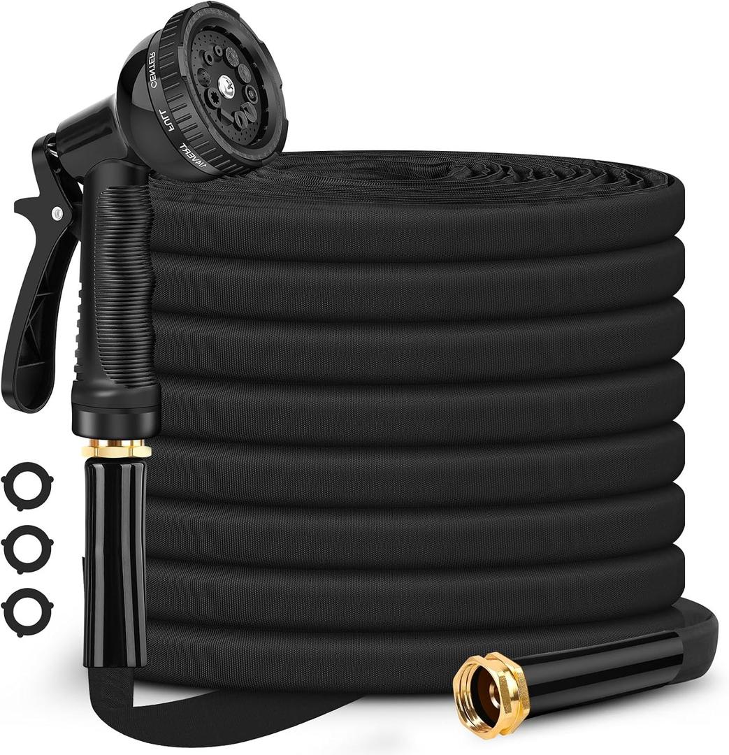 Itsonestep Garden Hose 100ft, Non-Expanding Water Hose Lightweight, Flexible Garden Hose with 10 Function Nozzle, Kink-Free, Sturdy, High-Pressure, Abrasion Resistant Hoses for Yard, Garden (Black)
