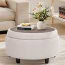 COLAMY Fabric Round Storage Ottoman with Reversible Tray Lid  Multi-Functional Footrest, Hidden Storage, Sturdy & Stylish Small Coffee Table for Living Room, Bedroom, or Entryway(Beige)