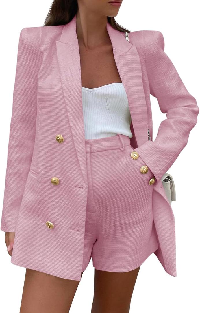 Cicy Bell Womens 2 Piece Tweed Blazer Shorts Sets Long Sleeve Double Breasted Suit Jackets Business Outfit (Medium, Pink)