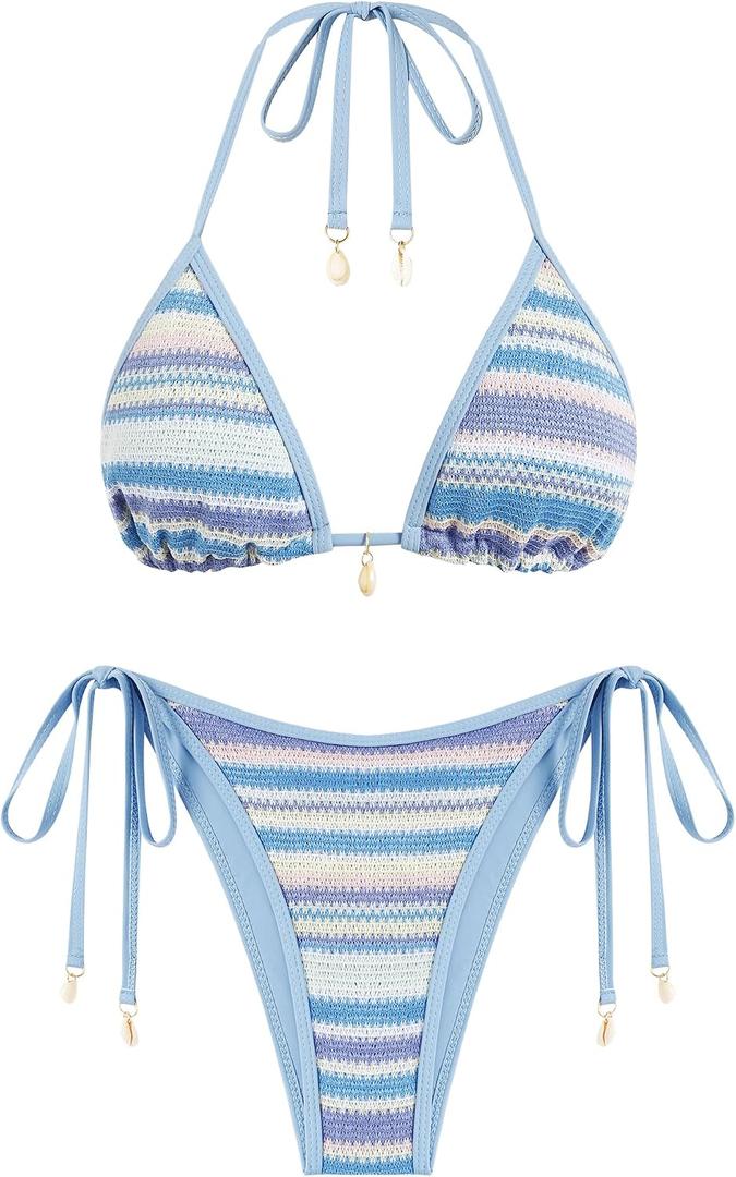 ZAFUL Women's Colorblock Stripes Triangle Halter Tied Cheeky Thong Bikini Set High Cut Two Piece Bathing Suit, Size: L