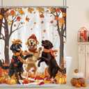 AMBZEK Fall Dog Shower Curtain 60Wx72L Inch Autumn Maple Trees Leaves Pumpkin Cartoon Lovely Puppy Funny Pets Lovers Artwork Cloth Fabric Waterproof Polyester Bathroom Decor Set with 12 Pack Hooks