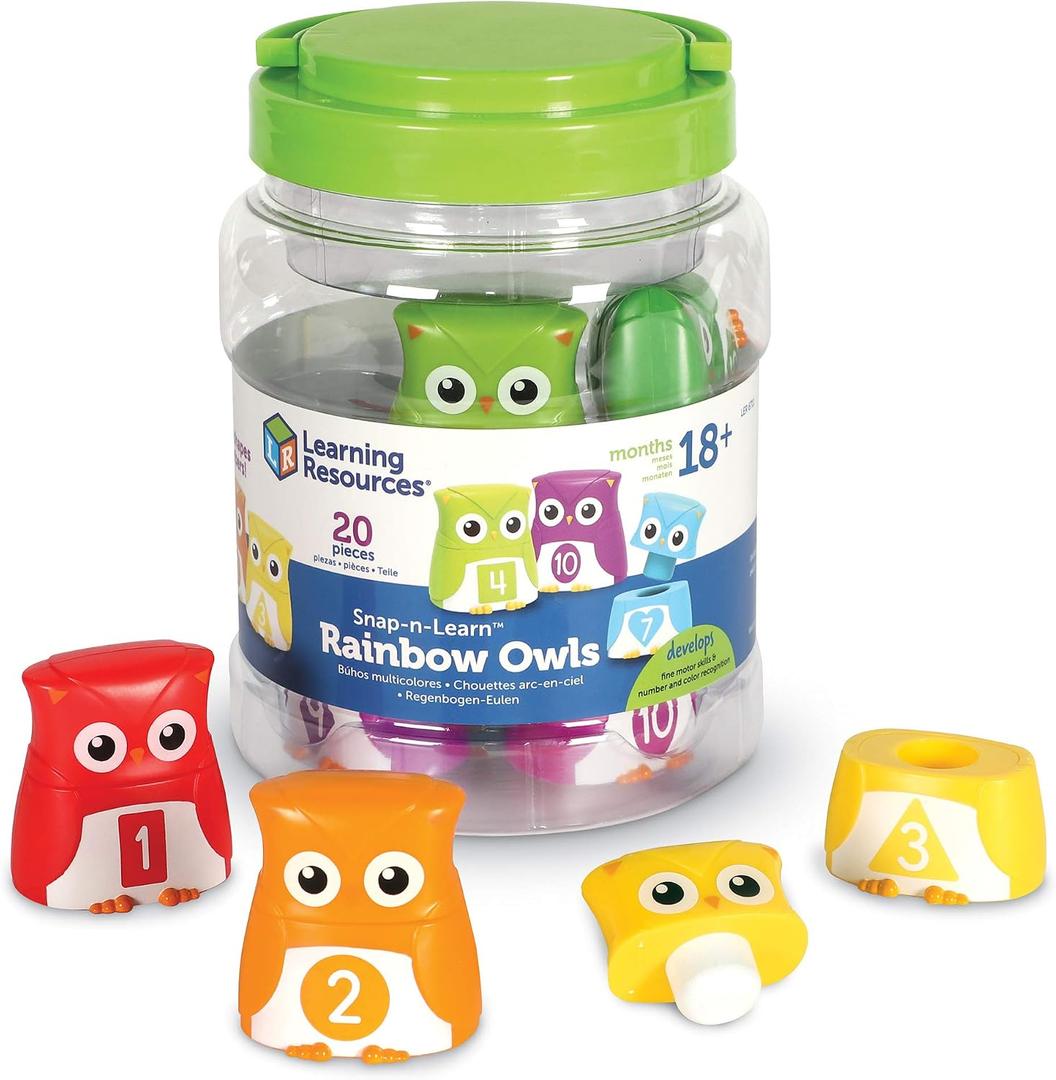 Learning Resources Snap-n-Learn Rainbow Owls - 10 Pieces, 18+ months Color and Shape Recognition, Letter Owls, Alphabet Toy