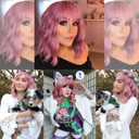 VCKOVCKO Pink Wavy Wig With Air Bangs Gift for Lady and Girls Women's Short Wigs Curly Wavy Shoulder Length Synthetic Wig for Women Daily Use Colorful Wigs(12", Purple Pink)
