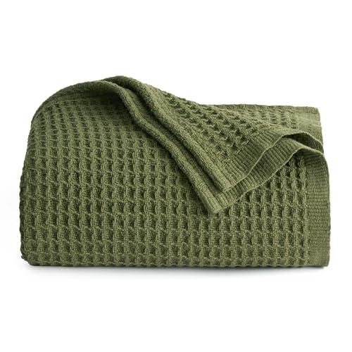 Bedsure 100% Cotton Large Throw Blanket for Couch 50x70 inches - Breathable and Soft, Waffle Weave Throw Blanket for Office, Olive Green