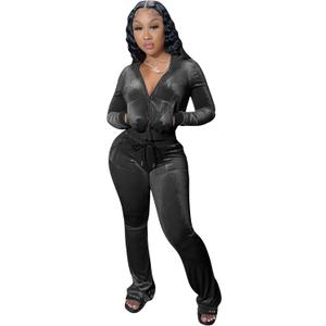 yidengymx Womens 2 Piece Velour Tracksuit Two Piece Outfits for Women Long Sleeve Zip Up Crop Tops Sweatpants Sets Pockets (Medium, Hoodie/Wide Leg Pants-black)