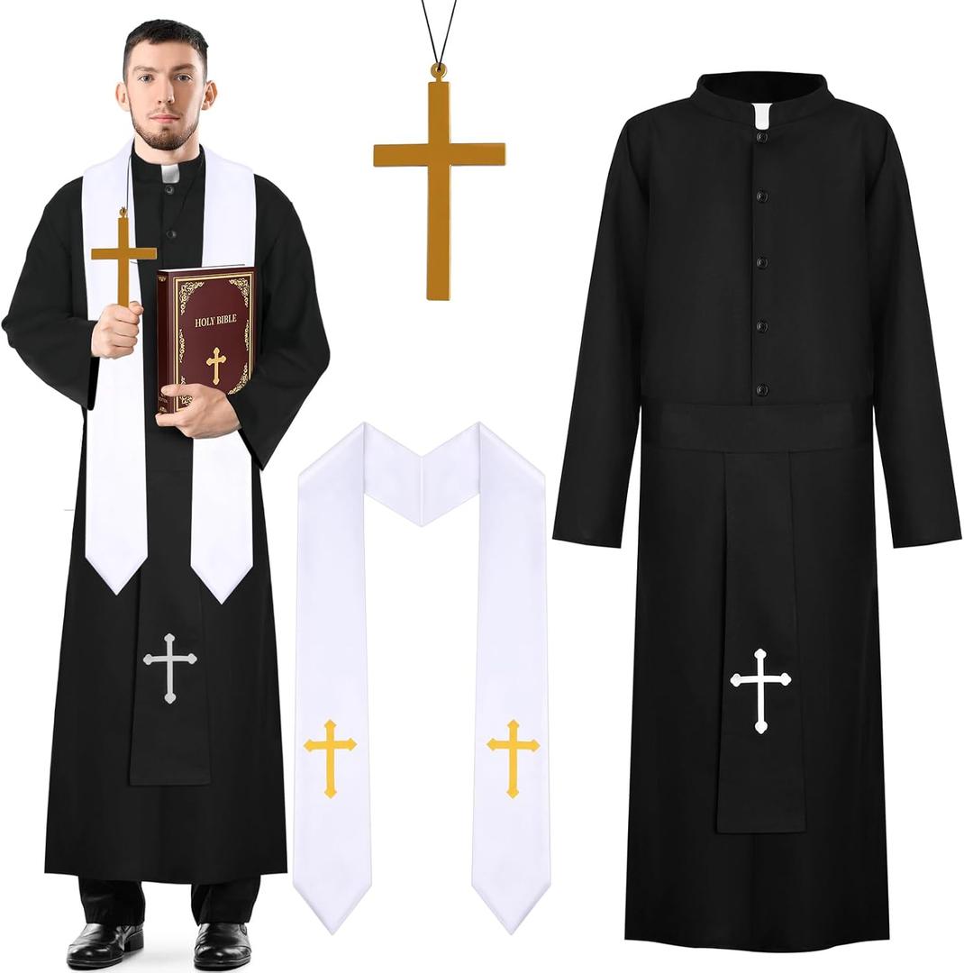 Halloween Priest Costume Include Priest Robe,Priest Stole and Cross Necklace for Men Exorcist Party Dress Up (Large)