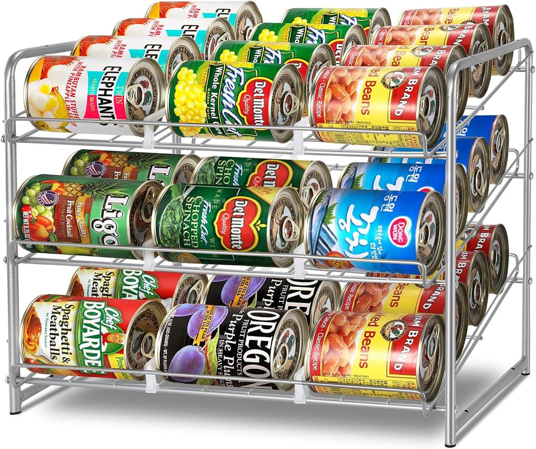 Simple Trending Metal Can Rack Organizer, Stackable Can Storage Dispenser Holds up to 36 Cans for Kitchen Cabinet or Pantry, Silver