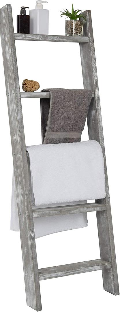 MyGift Large Whitewashed Wood Ladder Blanket Ladder, Farmhouse Style Wall Leaning Towel Rack with 5 Rungs (Graywashed)