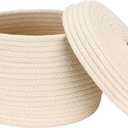 Sea Team Round Cotton Rope Storage Basket with Lid, Decorative Woven Storage Bin, Pot, Caddy, Organizer, Container for Snacks, Towels, Plants, 10 x 7.5 Inches (Small, Cream)
