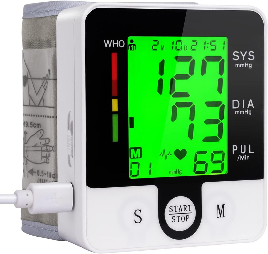 Wrist Blood Pressure Monitor for Home Use Digital Automatic Talking Wrist Blood Pressure Cuff, Rechargeable Blood Pressure Machine Adjustable Bp Cuff 3 Color Backlit LCD Display
