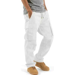 HUNGSON Mens Cargo Pants Drawstring Casual Hiking Pants Joggers Athletic Trousers Cotton Loose Straight Sweatpants for Men (30, White)