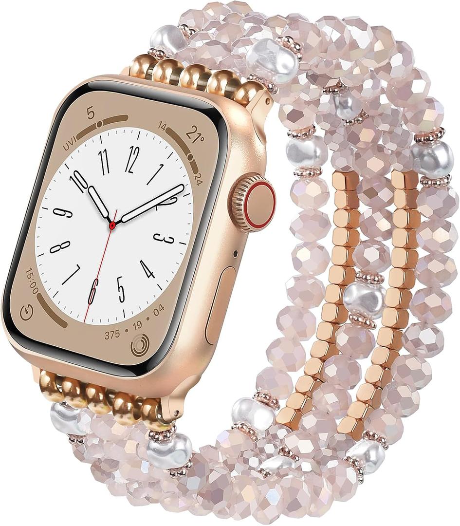 MOFREE Beaded Bracelet Compatible for Apple Watch Band 38mm/40mm/41mm/42mm(Series 10) Women,Fashion Handmade Beads Elastic Stretch Strap for iWatch Series 10/9/8/7/SE/6/5/4/3/2/6 (Pink)