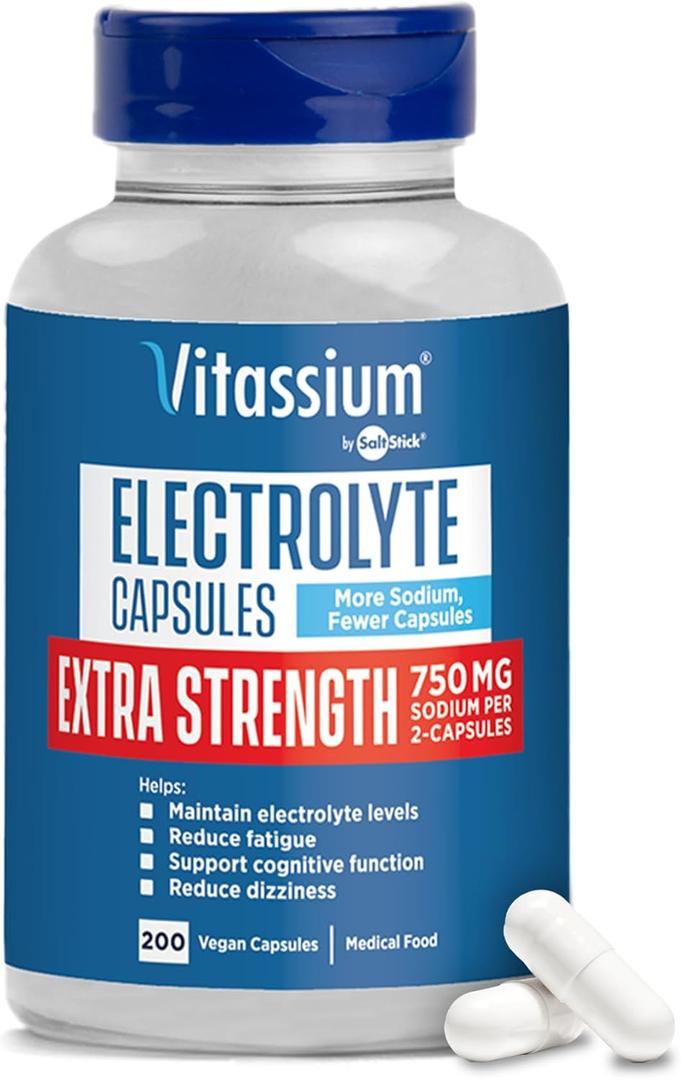 Vitassium Extra Strength Electrolyte Capsules - 750mg of Sodium for The Management of POTS and High Sodium Diets, Unflavored - 200 Salt Pills (Size 00) (Best By: 10/2028)