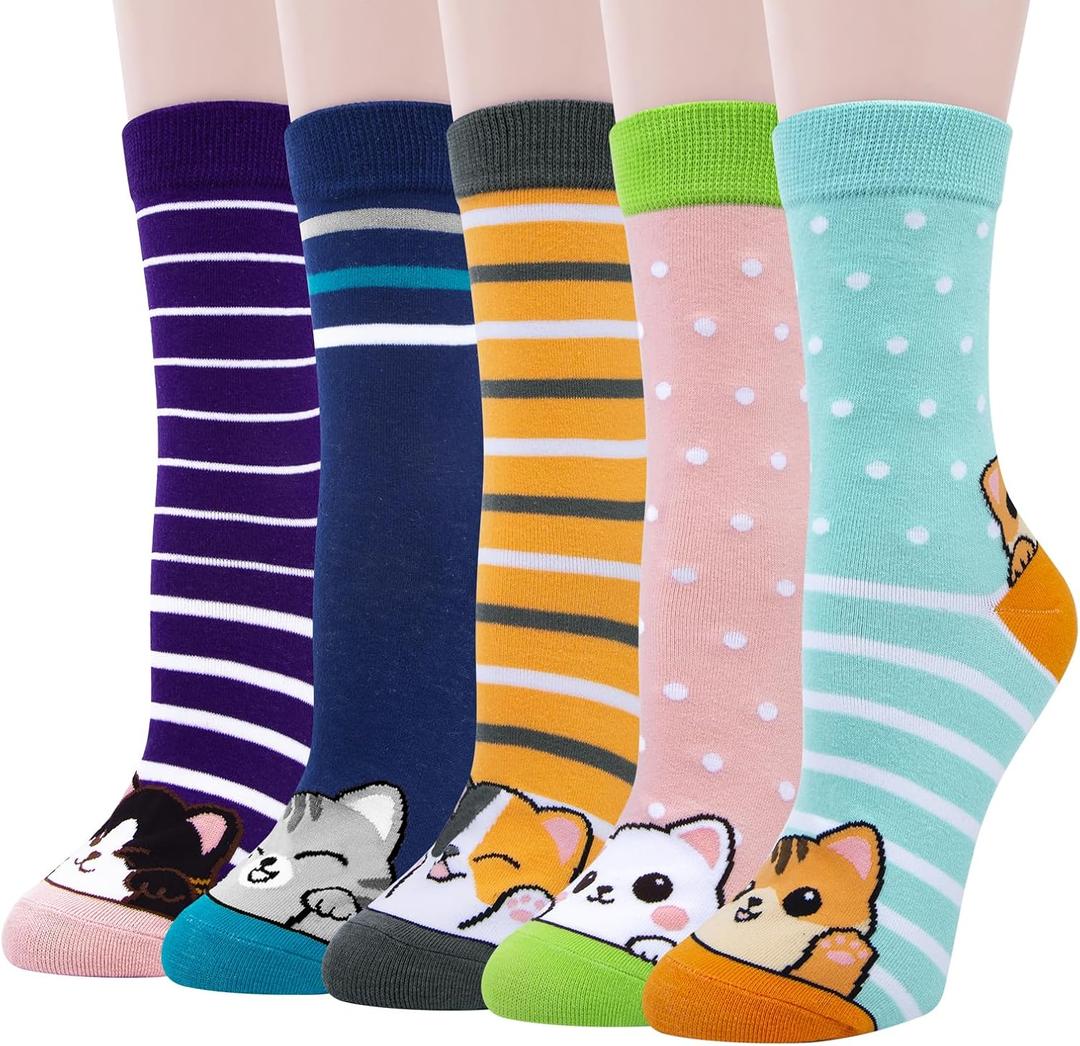 5 Pairs Womens Socks Funny Dog Socks Compatible with Chalier Cozy Cute Animal Ladies Sock Gifts for Women,One Size,Striped Cat