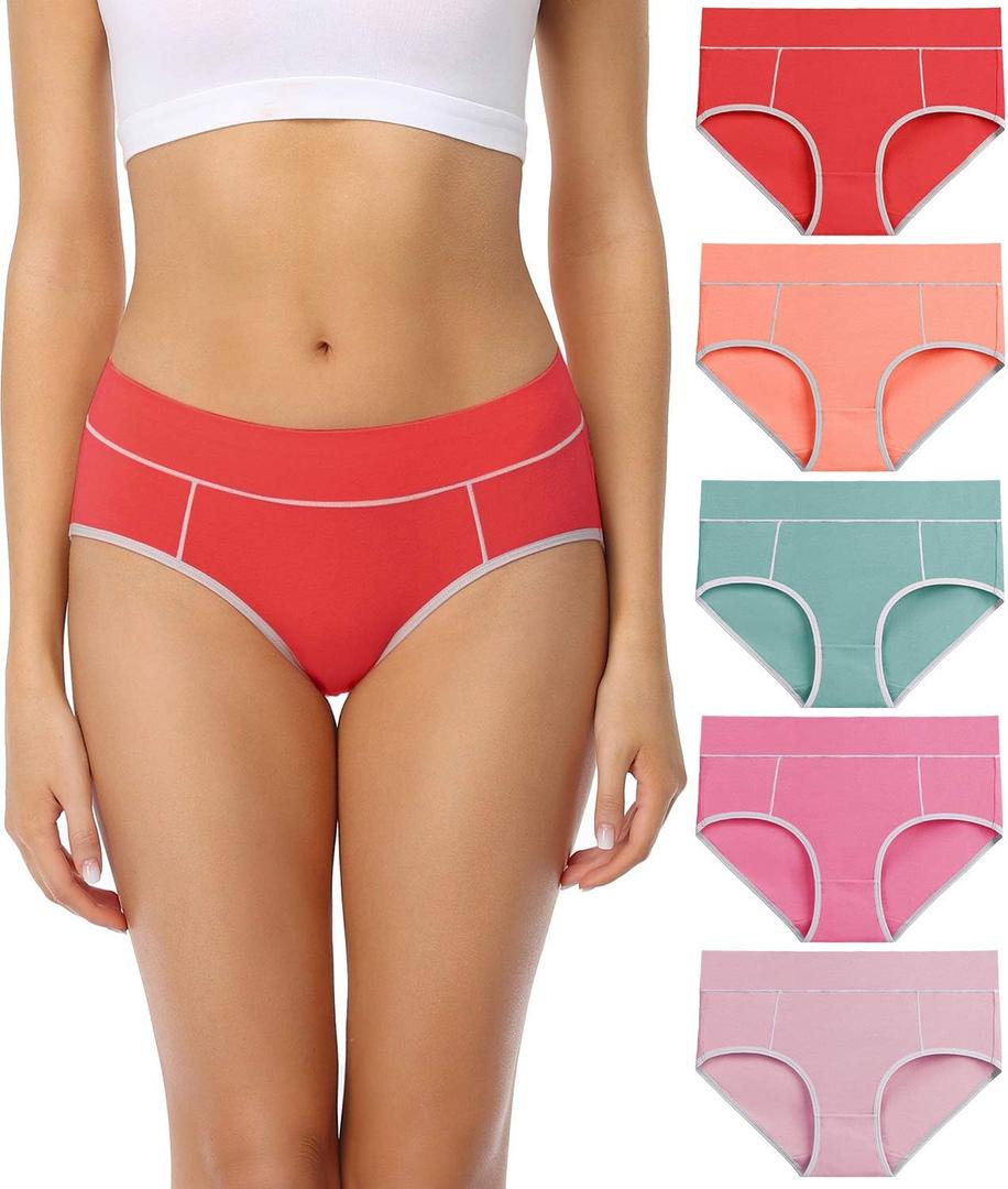 wirarpa Women's Cotton Underwear Stretch Mid Waisted Briefs Ladies Panties 5 Pack (Large)