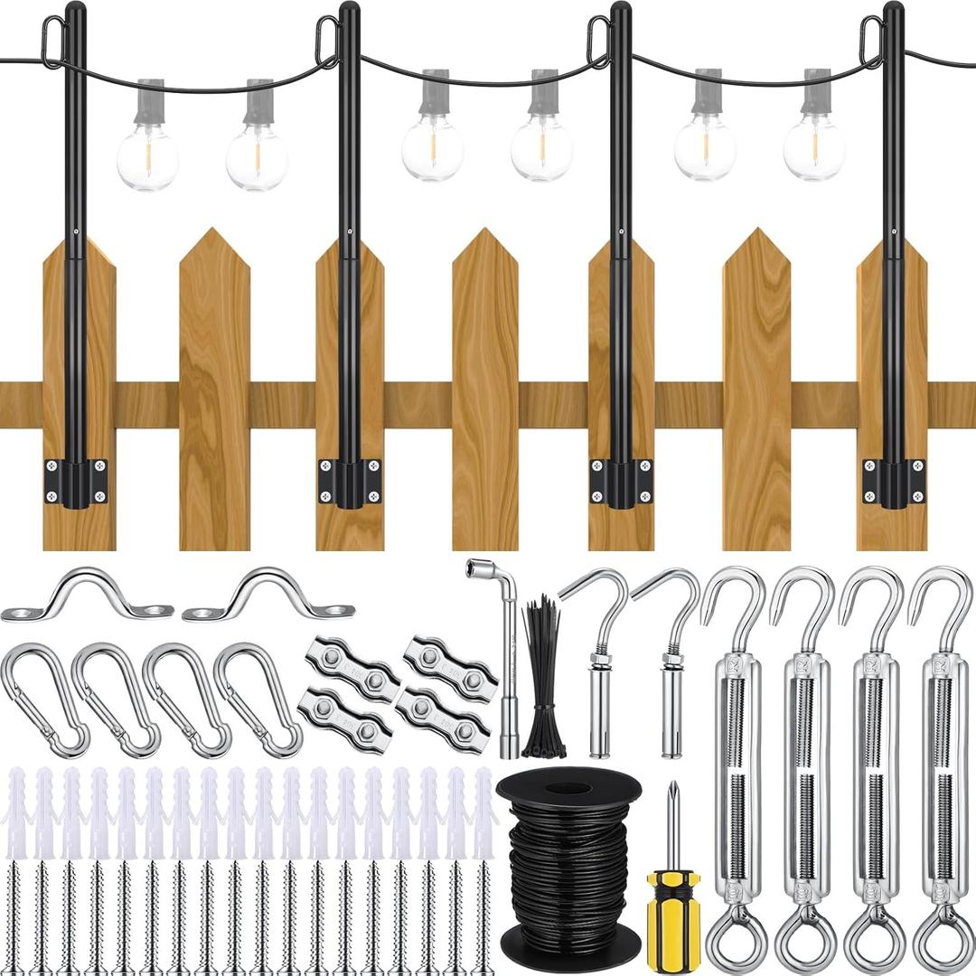 Outdoor Lights Hanging Kit Globe String Light Suspension Kit 98 ft Coated Stainless Steel Wire Cable 4 Pcs String Light Poles Outside Fence Post Lights with Clip Bracket Eye Turnbuckle Hooks