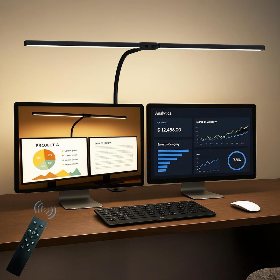 LED Desk Lamp for Home Office, Eye Caring Architect Desk Light with Clamp,50 Lighting Models,Remote and Touch Control,24W 2000LM,Memory Function and Timer for Study, Reading,Workbench Black