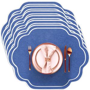 Breling 6 Pcs Navy Blue Wedding Placemats Scalloped Embroidered Cotton Linen Placemats 17" x 13" Double Layered Machine Washable Table Place Mat for Party Table Decor (Cotton)