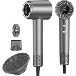 Hair Dryer, 150000 RPM Brushless Motor with 500M Negative Ions, Fast-Dry Lightweight Design, ThermoControl & Magnetic Nozzle/Diffuser, Low Noise Salon Blow Dryer for All Hair, Travel, Home