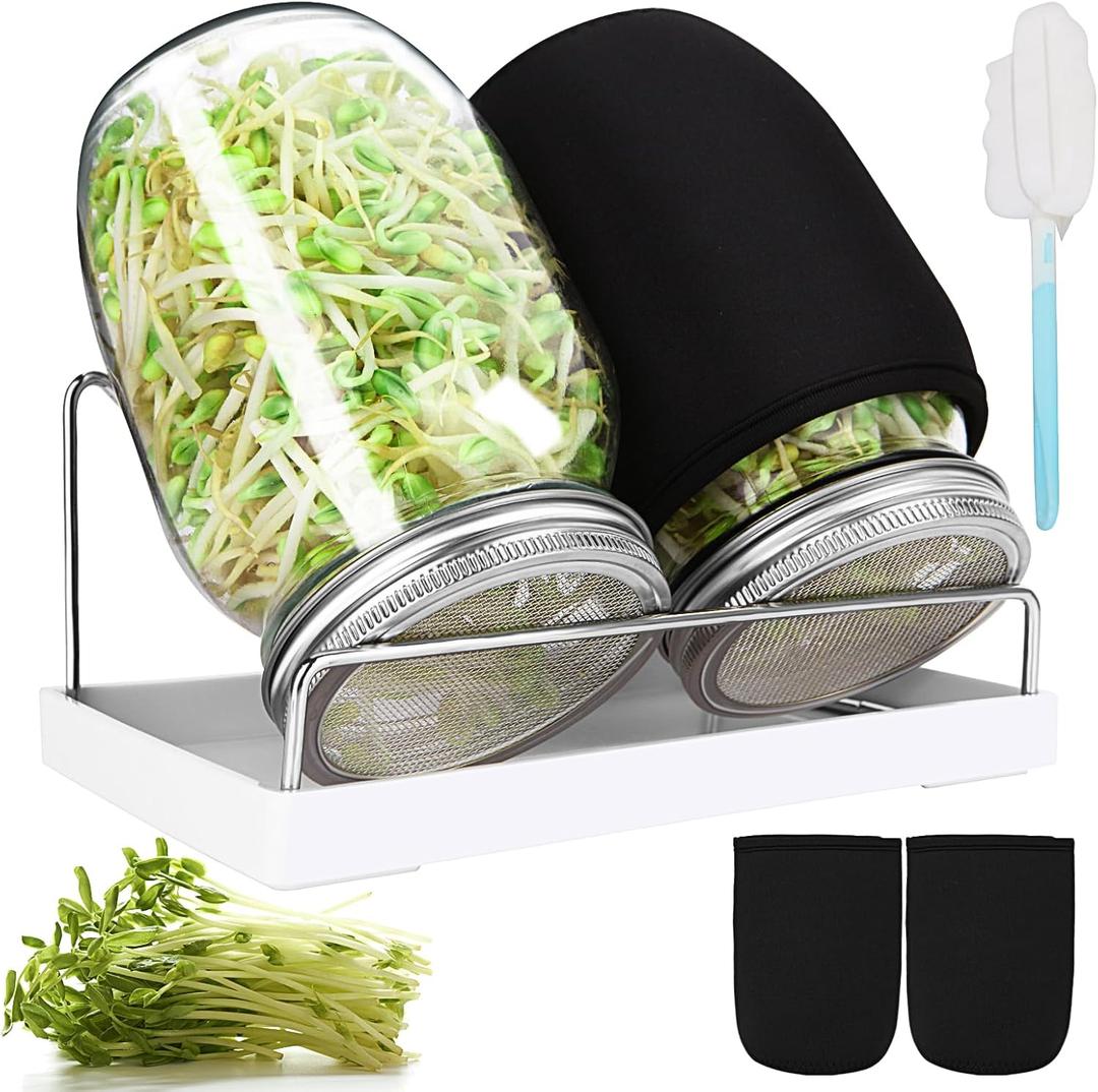 Sprouting Jar Kit, 32 OZ 2 Large Wide Mouth Mason Jars with Sprout Lids, Premium Canning Lids, Blackout Sleeves, Tray ,Stand & Canning Brush - Sprouting Kit for Growing Broccoli, Mung Bean, Alfalfa