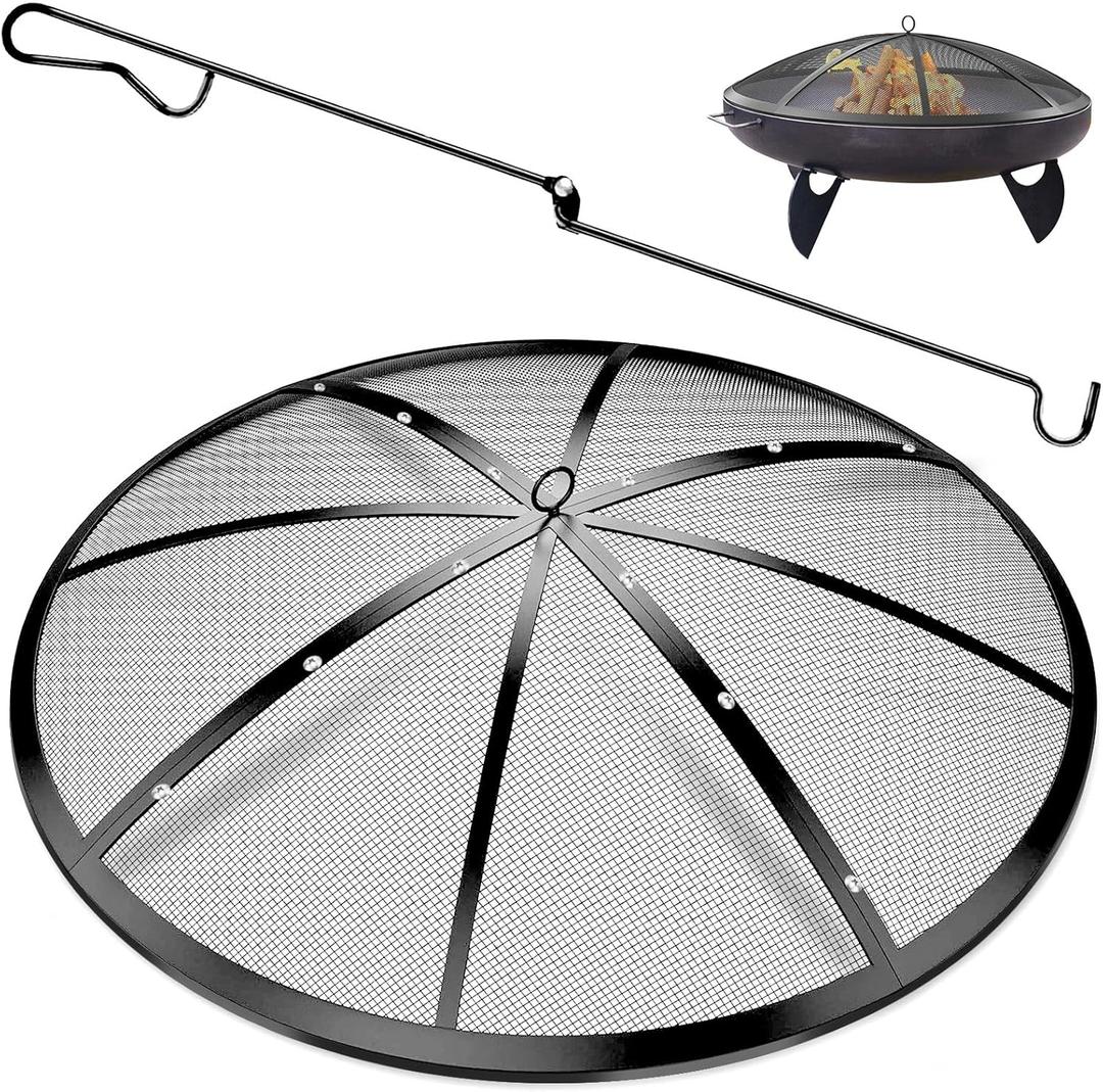Fire Pit Spark Screen, 24Inch Fire Pit Lid Outdoor with Handle & Poker, Heavy-Duty Mesh Firepit Cove with 12 Reinforced Bars for Backyard/Beach/RV Camping