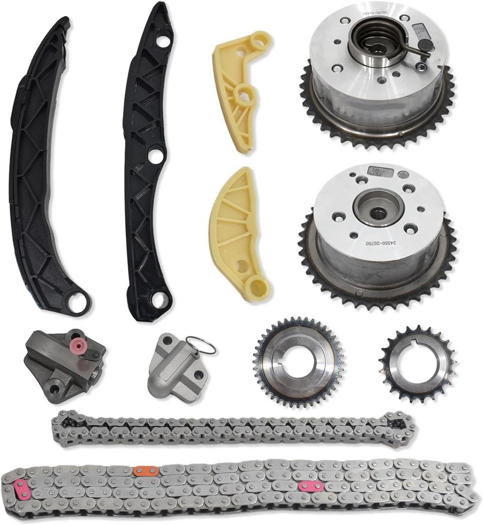 23121-2G590 Timing Chain Tensioner Guide Kit w/VVT Gear for 2015-2018 KIA Sorento Optima Sportage, for 2015-2019 Hyundai Santa Fe Sonata Tucson 2.0L 2.4L G4KJ Engine 24350-2G750 24370-2G750