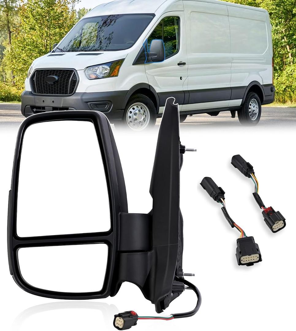 Driver Side Mirror,Mirror Assembly Compatible With 2015-2025 Ford Transit 150 250 350 350 HD,Transit Tow Power Glass,Towing Without Signal Light Non Heated,Black(Short Arm), medium