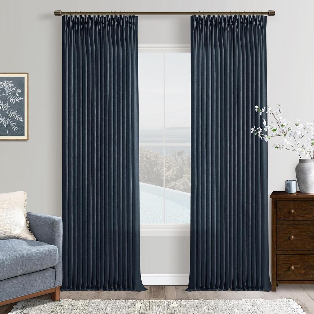 96 Inch Navy Pinch Pleated Linen Curtains 2 Panels Set for Living Room Bedroom Modern Memory Trained Semi Sheer Light Filtering Window Drapes with Hooks & Rings for Dining Room 50x96 Dark Blue Indigo