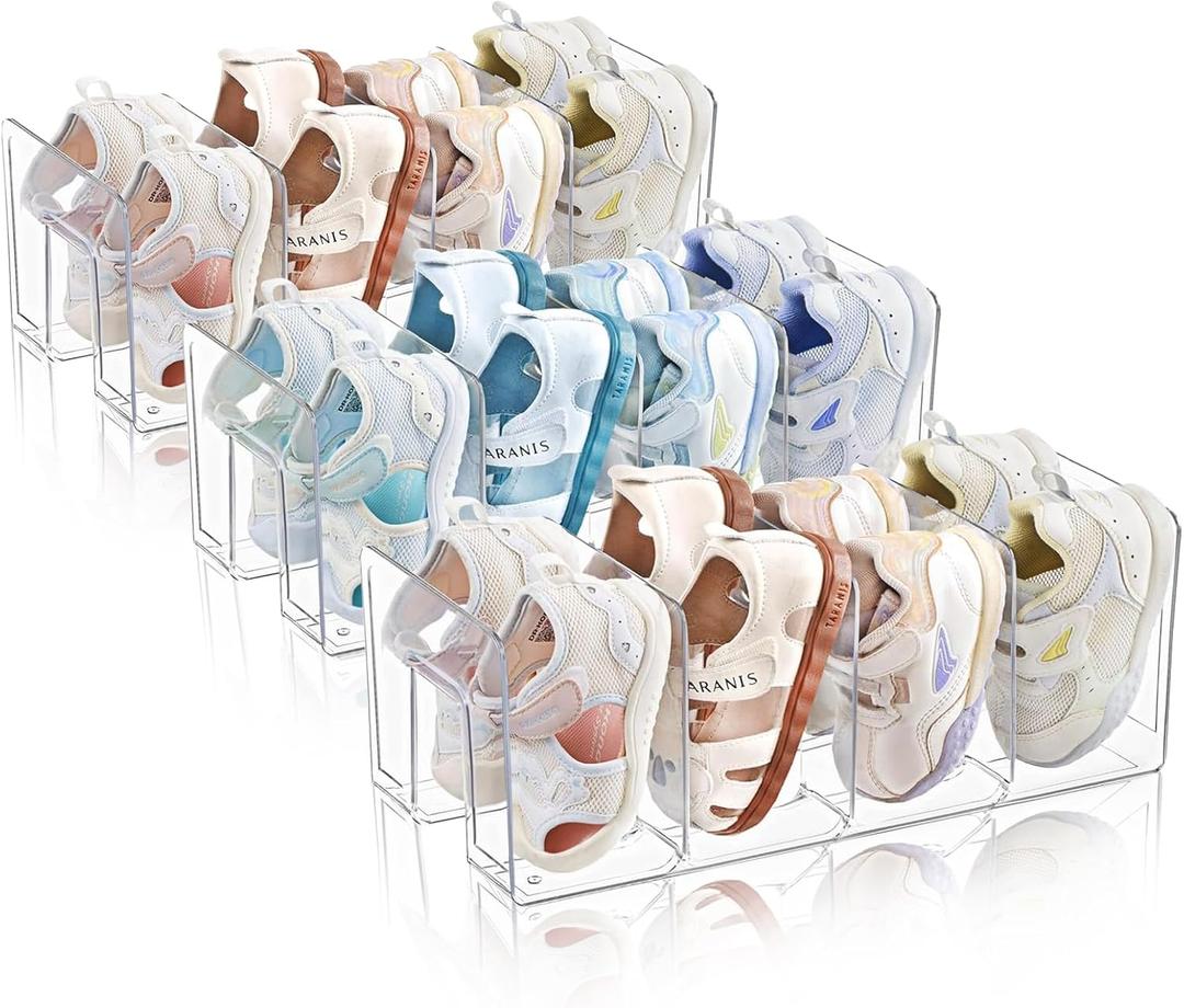Kids Shoe Organizer Stackable: Clear Acrylic Baby Shoe Rack with Dividers - Closet Storage for Toddlers & Nursery Use (3 Pack)