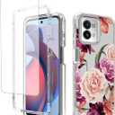Case for Moto G Stylus 2023 Case, Motorola G Stylus 2023 with Tempered Glass Screen Protector, Floral Design Full Body Protective Cell Phone Cover for Motorola Moto G Stylus 2023 Purple Flower