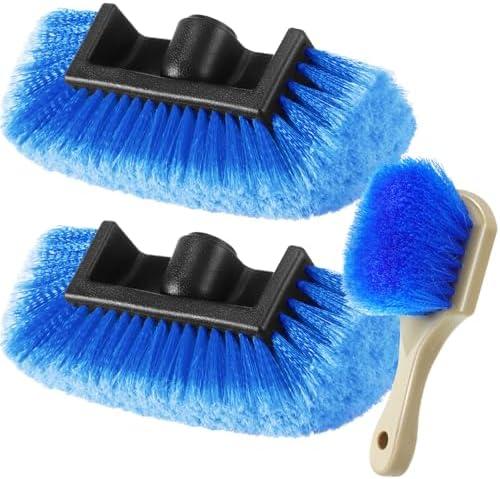 Vesici 2 Pcs 10 Inch Car Wash Brush Head with Soft Detailing Bristle Flow Through Car Cleaning Brush with 1 Pcs Stiff Bristle Wheel Brushes for Motorboat Rv Facades of Houses Wheel Carpet (Blue)