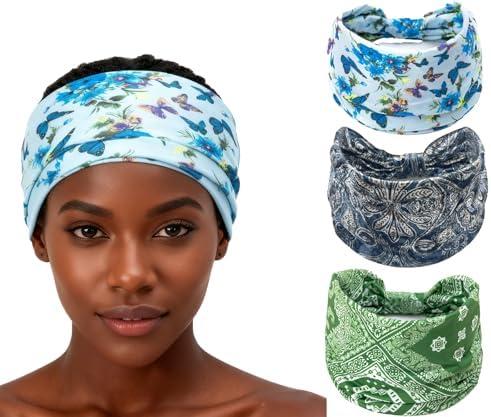 XEF Headbands for Women Bohemian Wide Floral Thick Hair Band No Slip Gym Elastic Twist Knot Athletic Headband Sweatbands Fashion Hair Accessories for Teen Girls