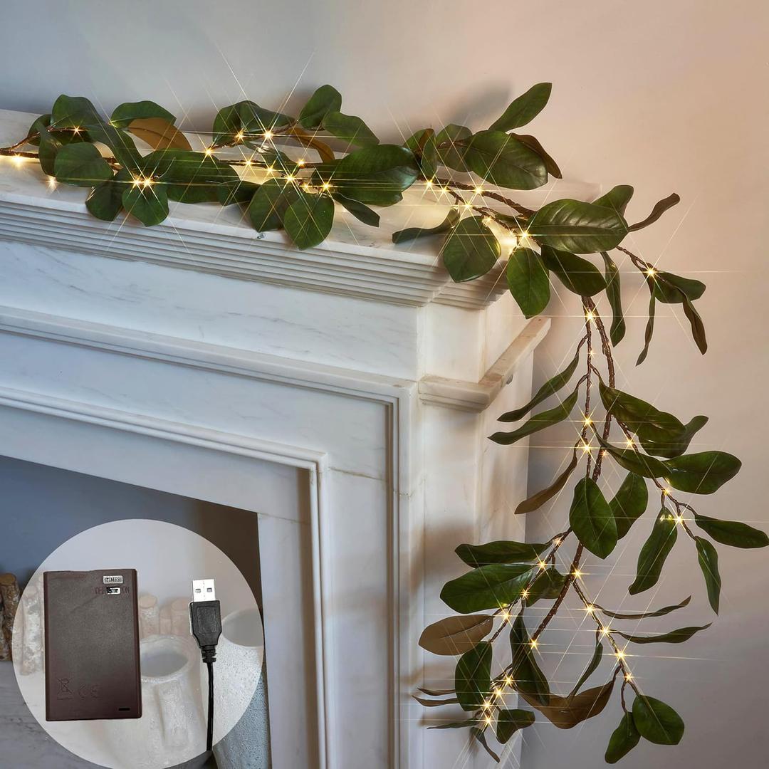 LITBLOOM Faux Magnolia Garland with Lights 6FT Battery Operated with Timer or USB Plug in, Lighted Greenery Garland with 80 Fairy Lights for Home Fireplace Mantle Holiday Decoration Inside